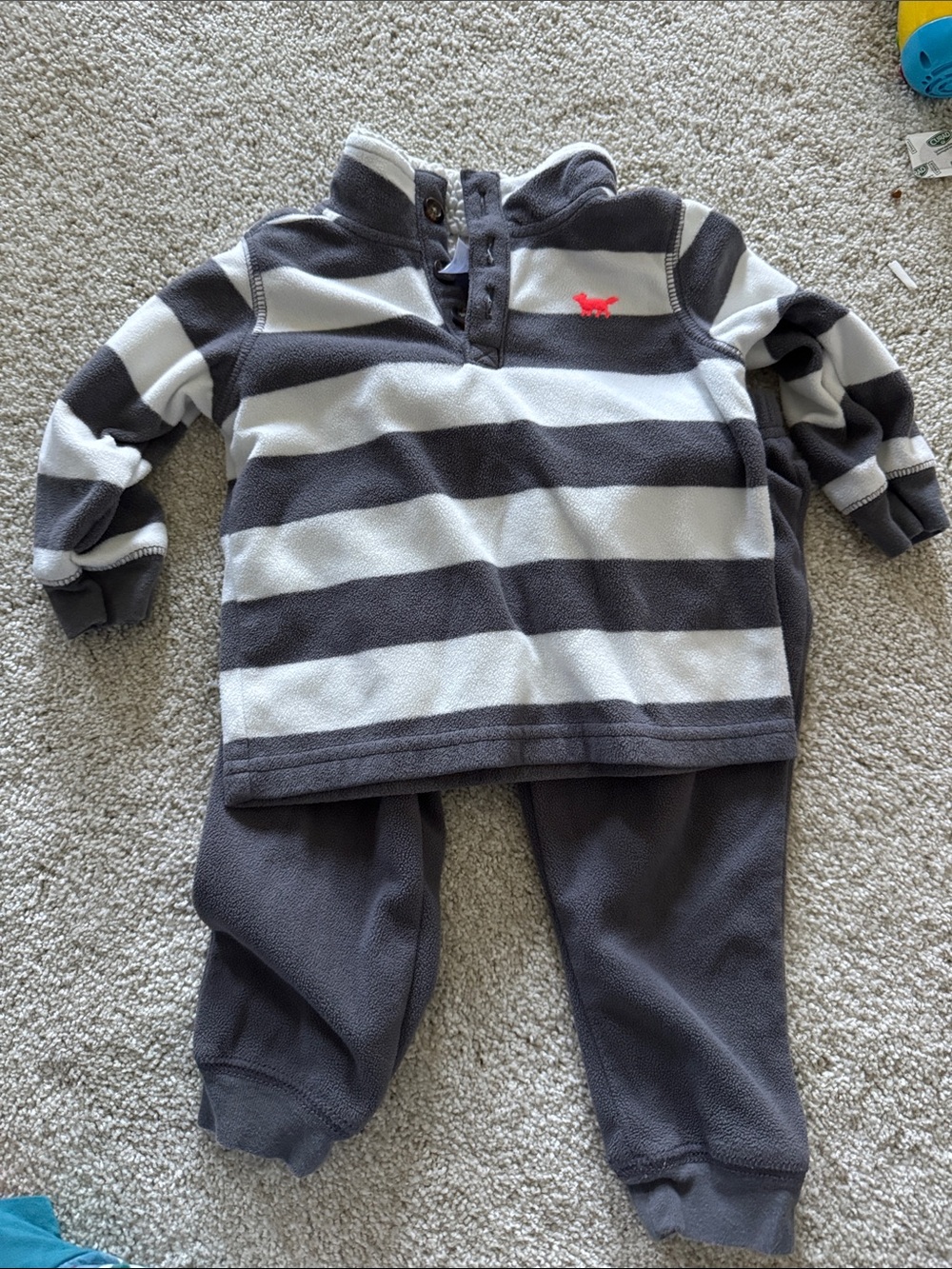 Carter's Gray & White Striped Fleece Sweatpants Set with Red Logo